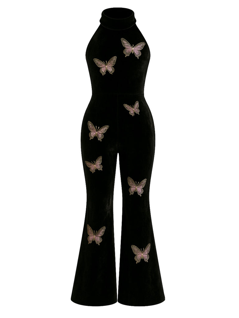 [Pre-Sale] Black 1930s Velvet Halter Butterfly Embroidered Jumpsuit