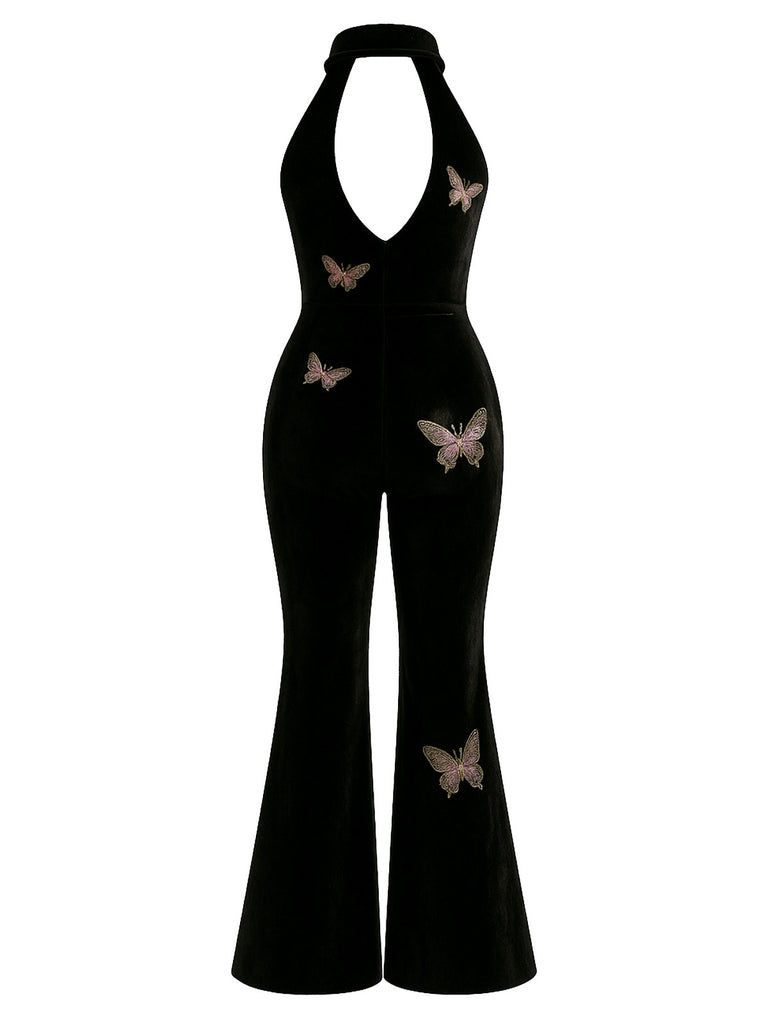 [Pre-Sale] Black 1930s Velvet Halter Butterfly Embroidered Jumpsuit
