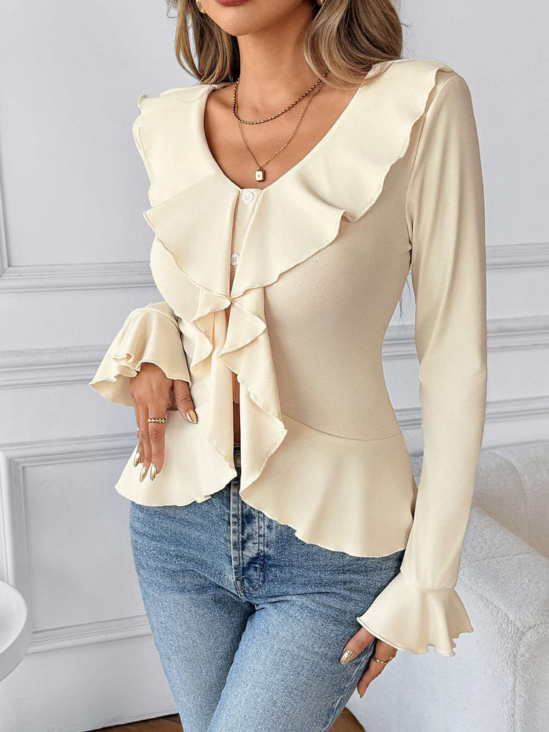 Beige 1950s Solid Ruffled Lapel Collar Top