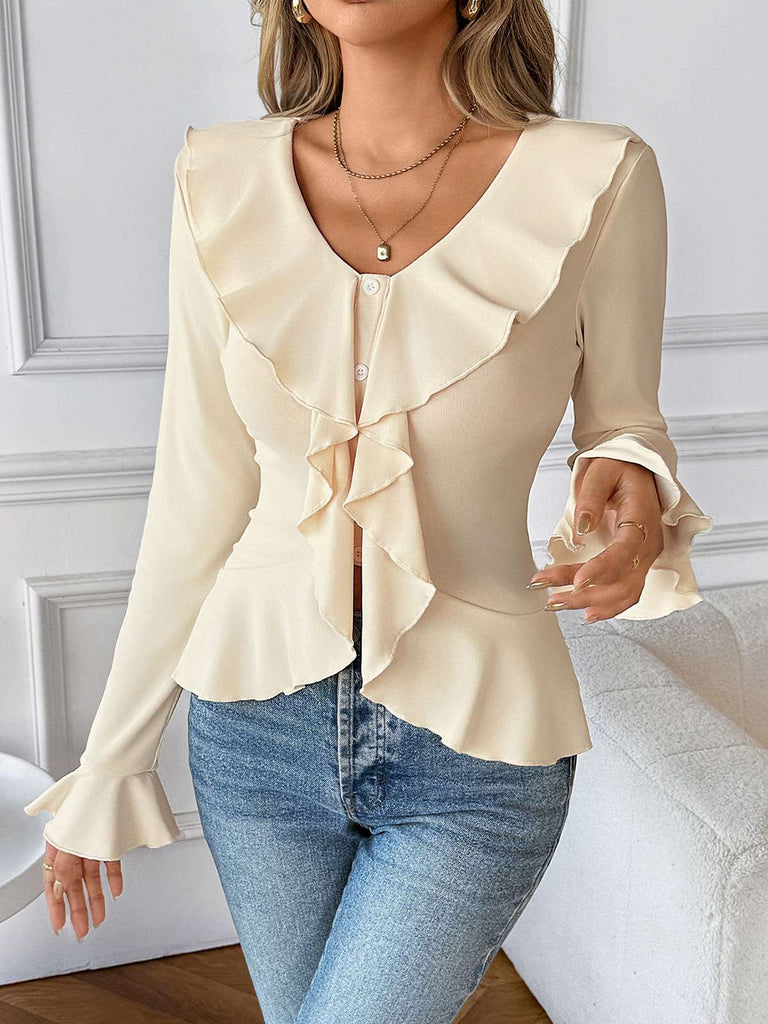 Beige 1950s Solid Ruffled Lapel Collar Top
