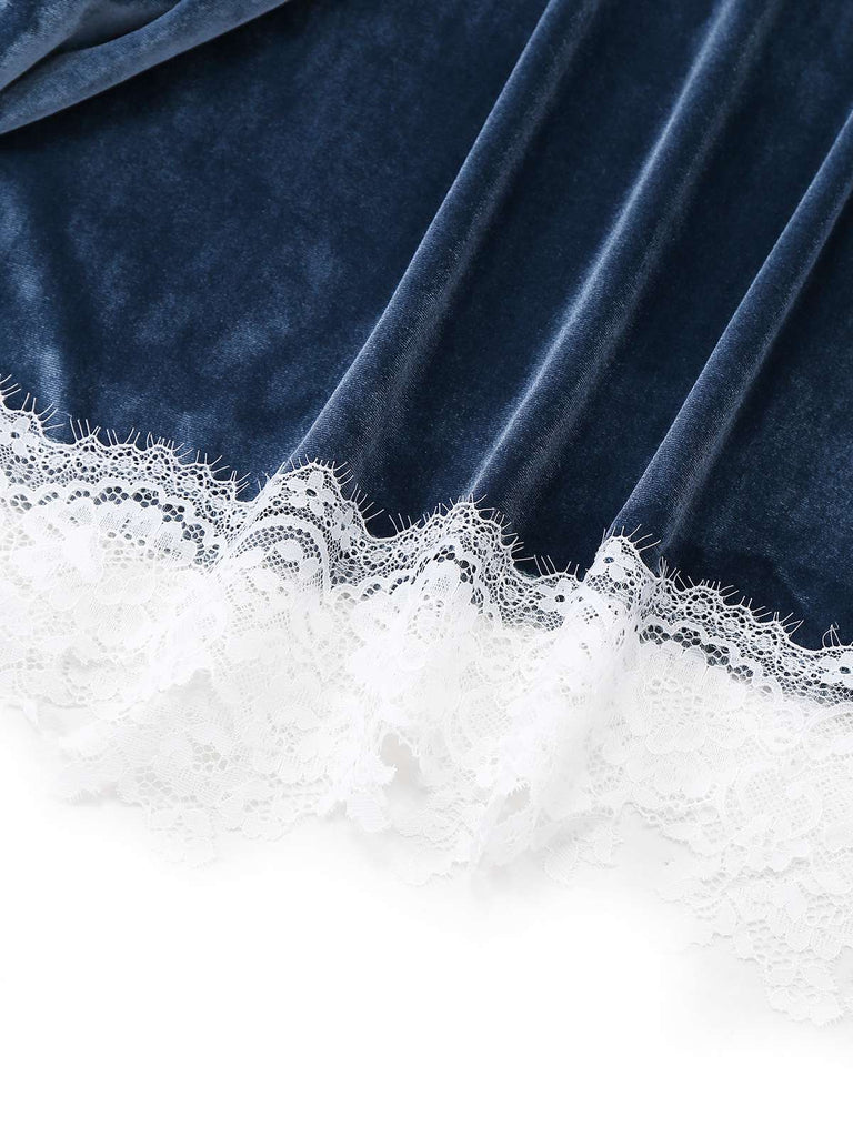 Blue 1930s Faux Fur Lace Patchwork Velvet Dress