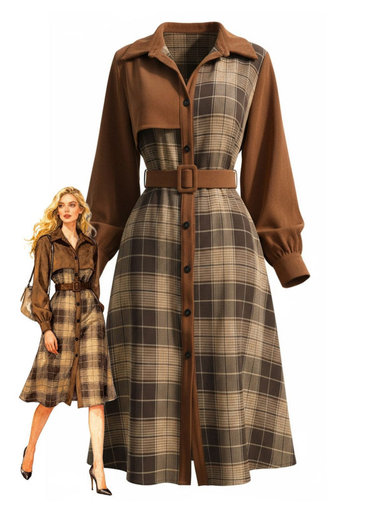 Brown 1950s Plaid Corduroy Shirt Collar Dress