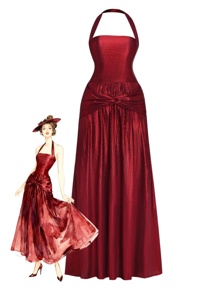 Wine Red 1930s Halter Twist Shimmery Long Dress