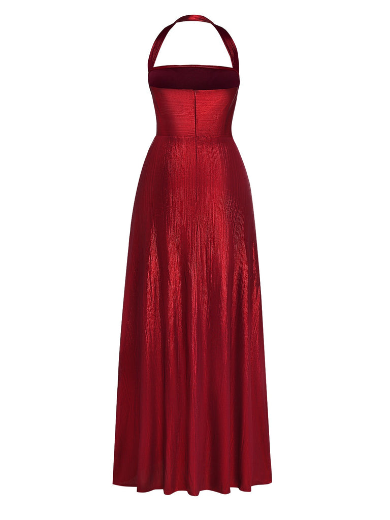 Wine Red 1930s Halter Twist Shimmery Long Dress