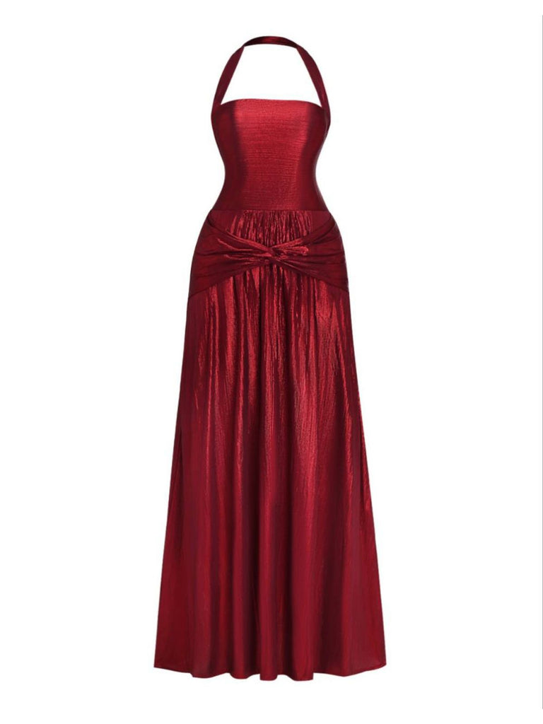 Wine Red 1930s Halter Twist Shimmery Long Dress