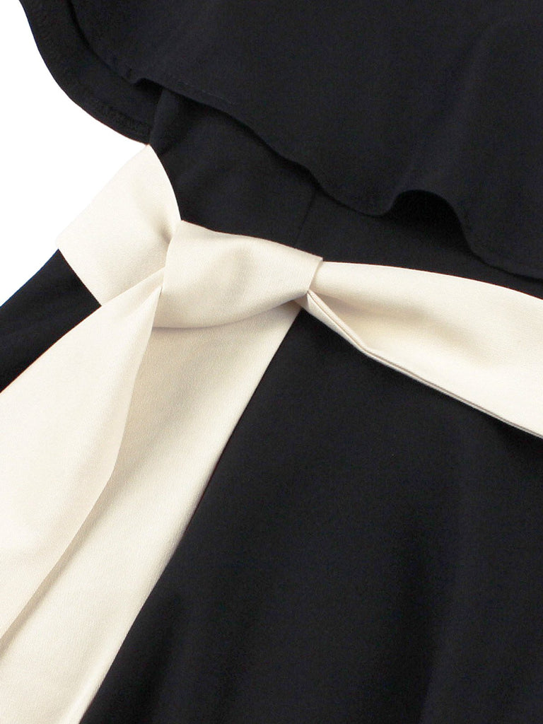 Black 1950s V-Neck Cloak Belted Dress