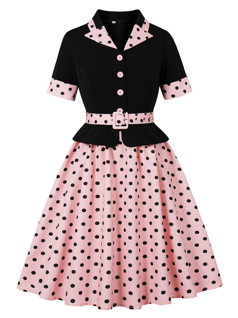 1950s Lapel Polka Dot Patchwork Swing Belted Dress