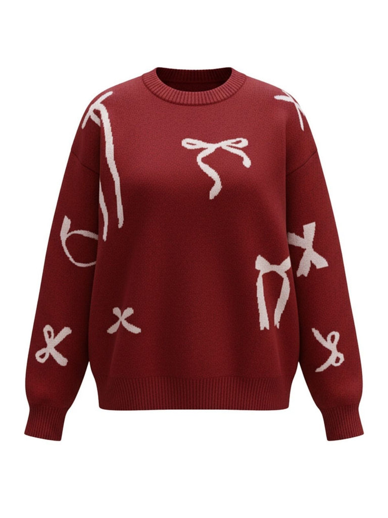 Wine Red 1950s Bowknot Pattern Sweater