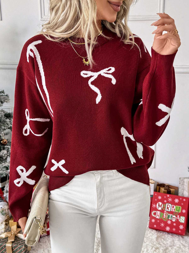 Wine Red 1950s Bowknot Pattern Sweater