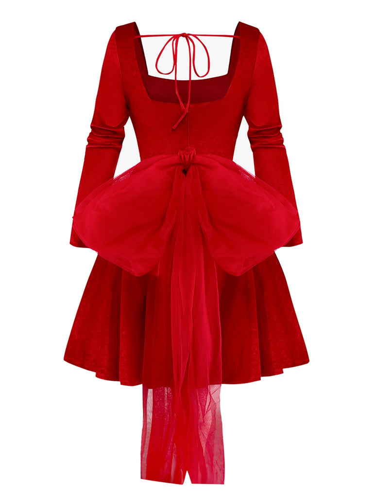 Red 1950s Velvet Pearl Ruched Tulle Bow Dress