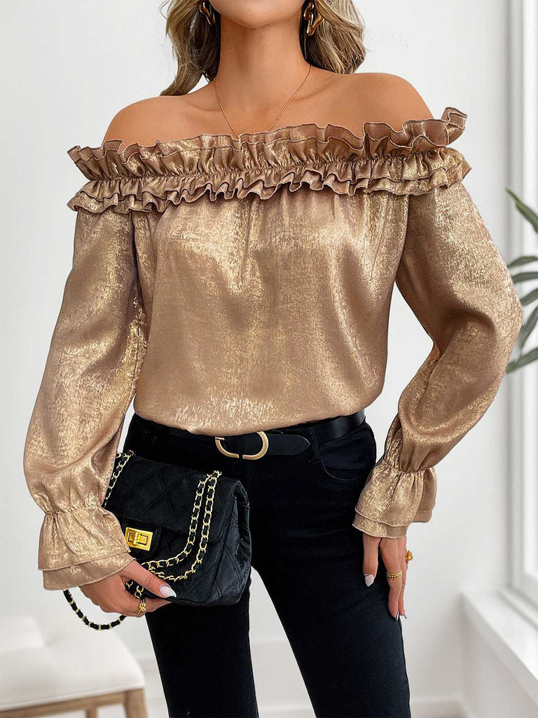Gold 1950s Off-Shoulder Ruffled Shimmer Top