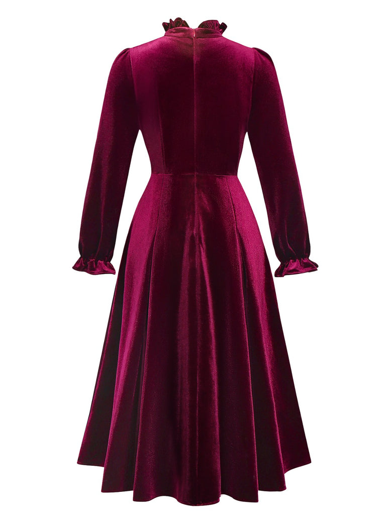 Red 1950s Velvet Ruffled Collar Lantern Sleeve Dress
