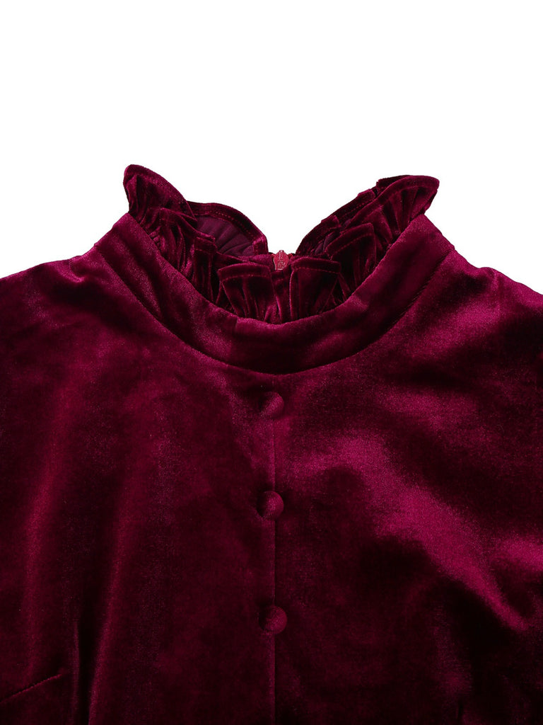 Red 1950s Velvet Ruffled Collar Lantern Sleeve Dress