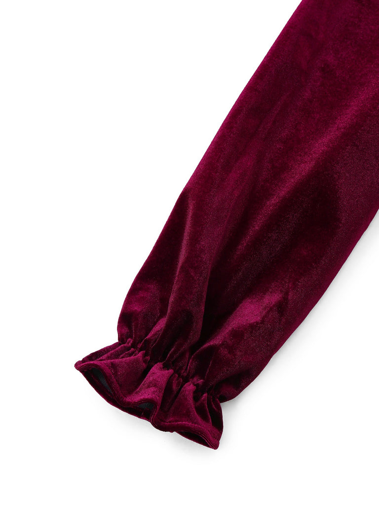 Red 1950s Velvet Ruffled Collar Lantern Sleeve Dress