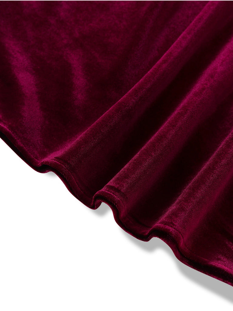 Red 1950s Velvet Ruffled Collar Lantern Sleeve Dress