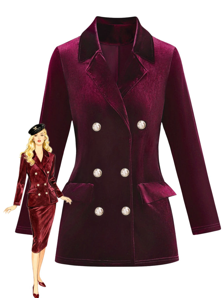 1980s Solid Velvet Double-Breasted Lapel Blazer