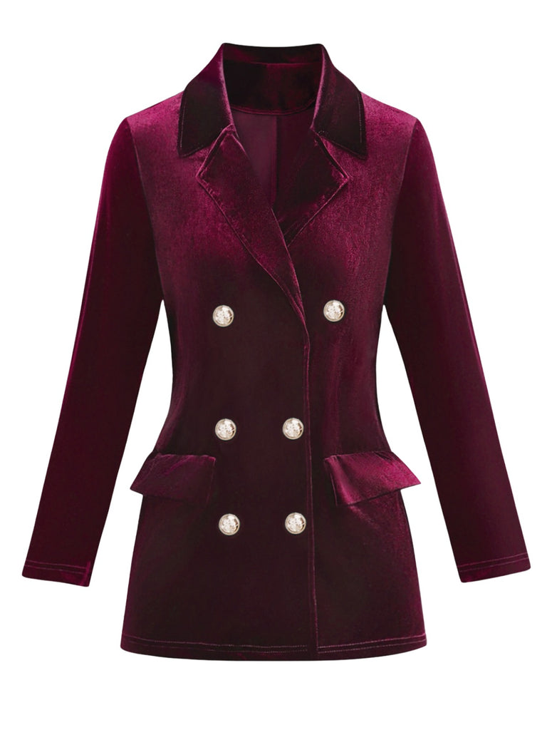 1980s Solid Velvet Double-Breasted Lapel Blazer