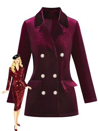 1980s Solid Velvet Double-Breasted Lapel Blazer