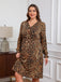[Plus Size] 1960s Leopard V-Neck Long Sleeve Dress