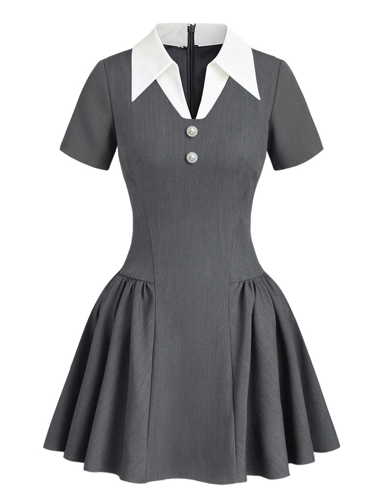 [Pre-Sale] Gray 1960s College Style Shirt Collar Swing Dress