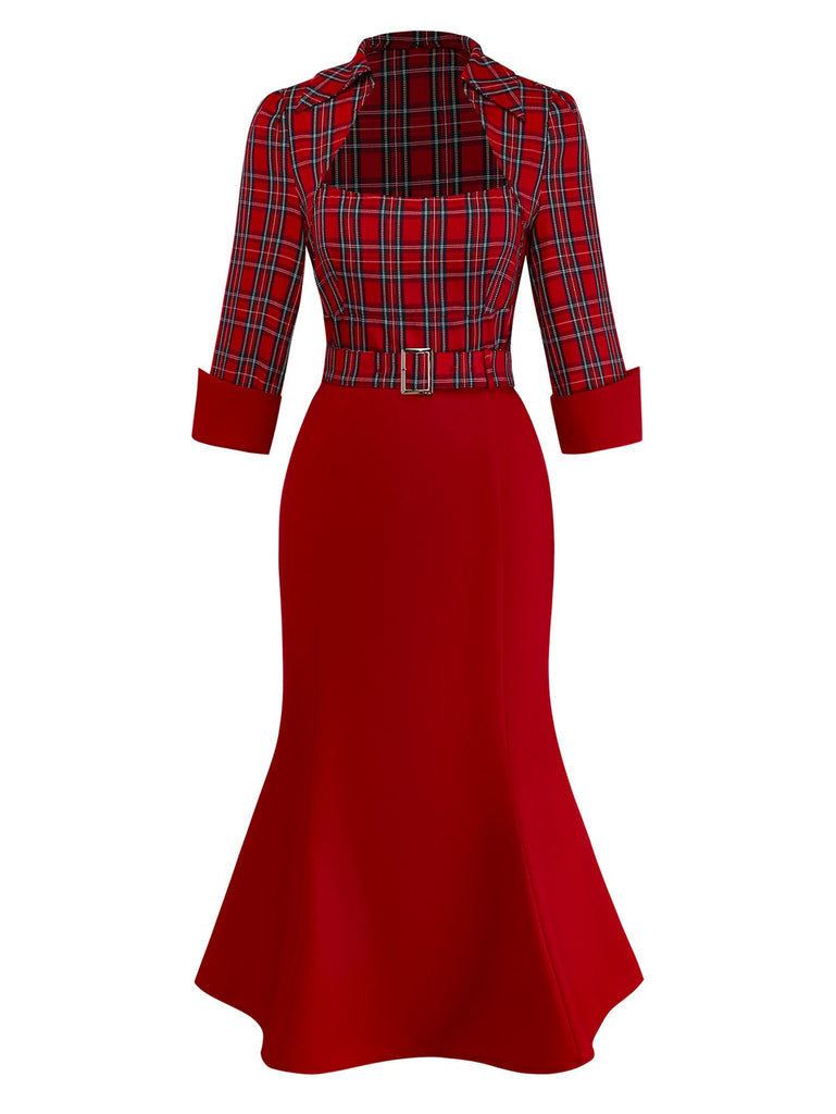 [Pre-Sale] Red 1930s Lapel Trapeze Neckline Plaid Mermaid Dress