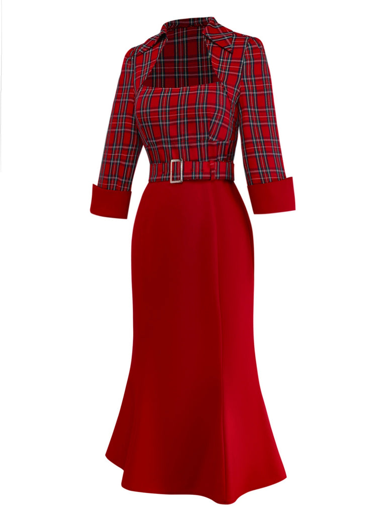 [Pre-Sale] Red 1930s Lapel Trapeze Neckline Plaid Mermaid Dress