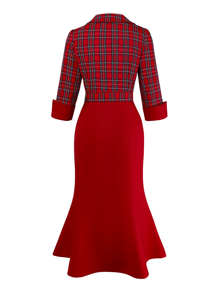 [Pre-Sale] Red 1930s Lapel Trapeze Neckline Plaid Mermaid Dress