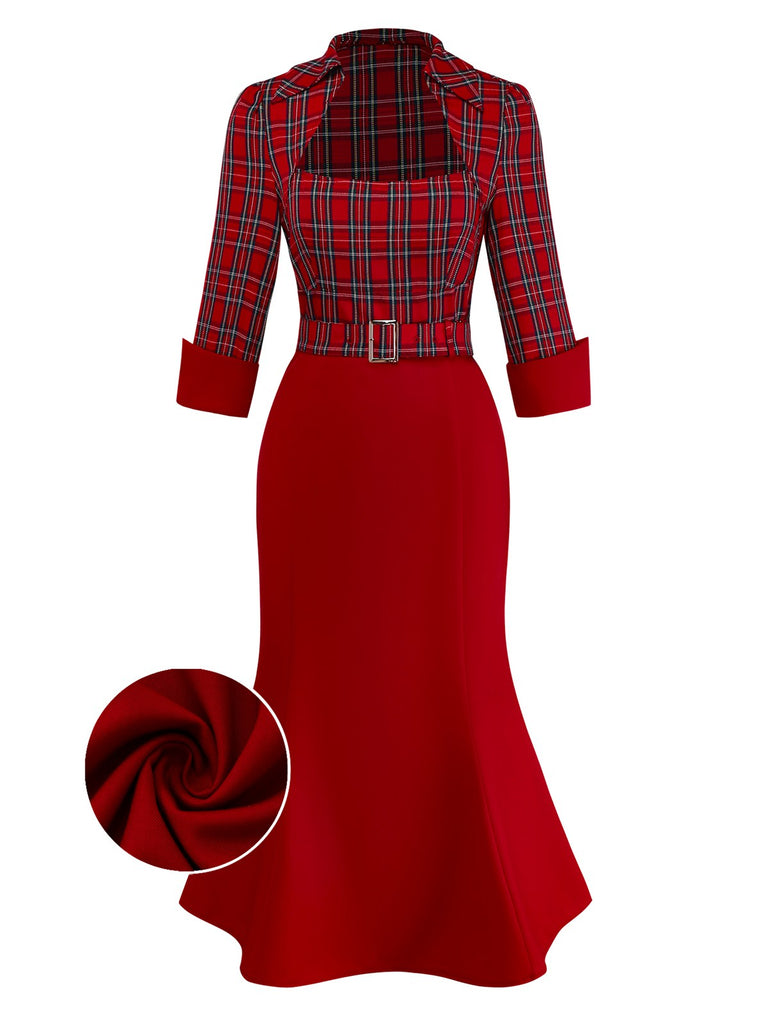 [Pre-Sale] Red 1930s Lapel Trapeze Neckline Plaid Mermaid Dress