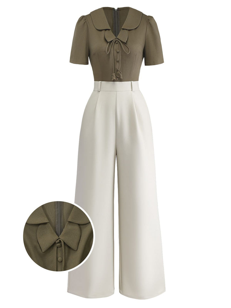 [Pre-Sale] Olive Green 1950s Button-Up Floral Wide-Leg Jumpsuit