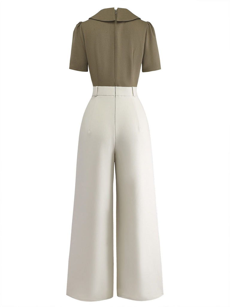 [Pre-Sale] Olive Green 1950s Button-Up Floral Wide-Leg Jumpsuit