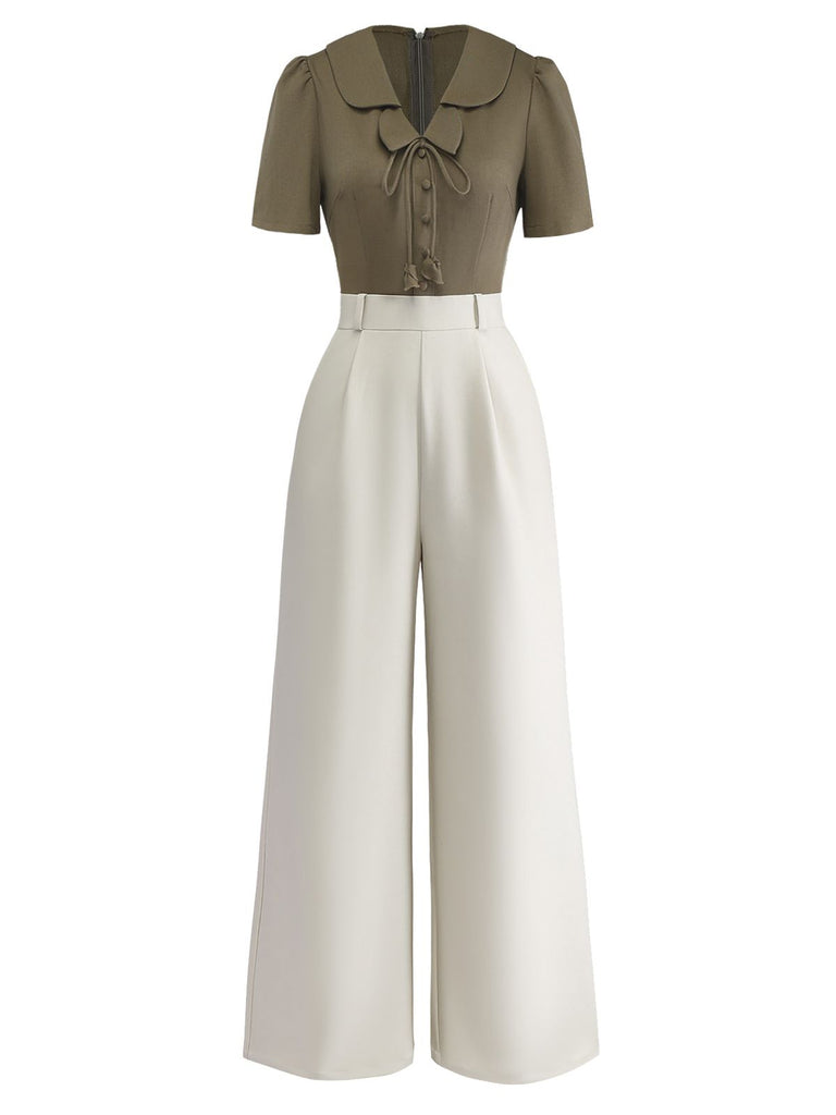 [Pre-Sale] Olive Green 1950s Button-Up Floral Wide-Leg Jumpsuit