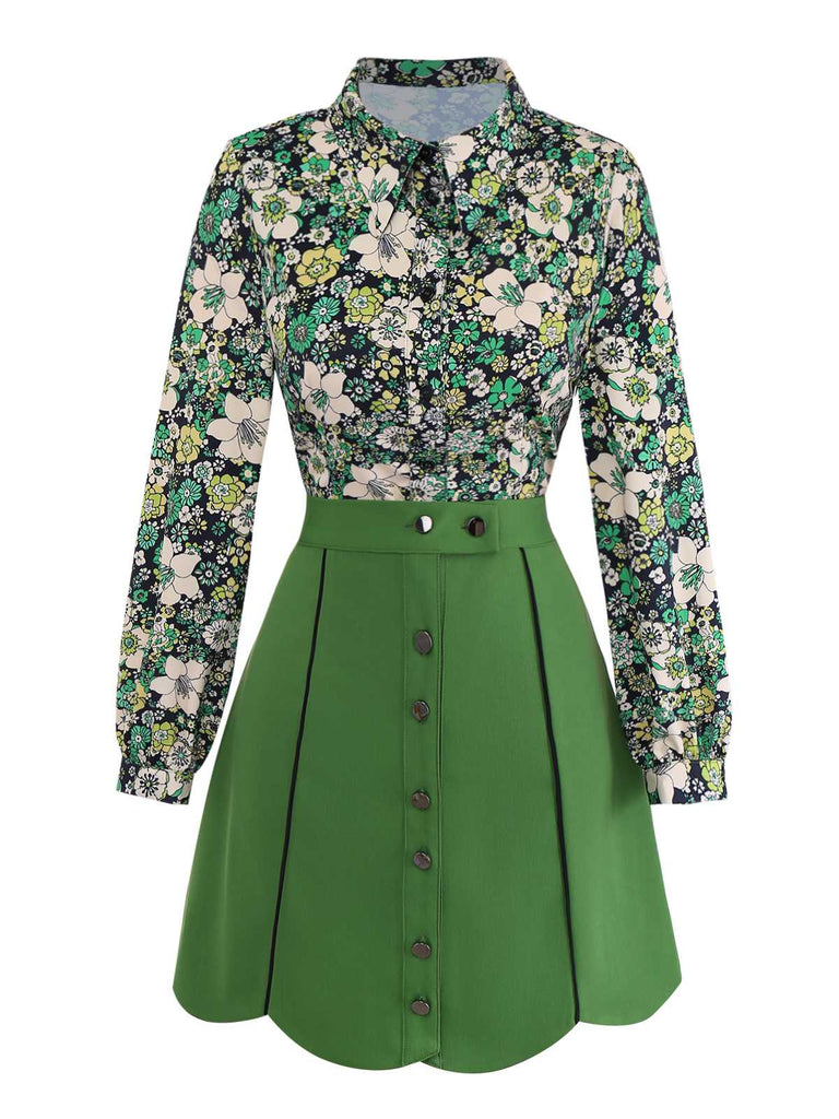 [Pre-Sale] 2PCS Green 1960s Psychedelic Floral Blouse & Scalloped Skirt