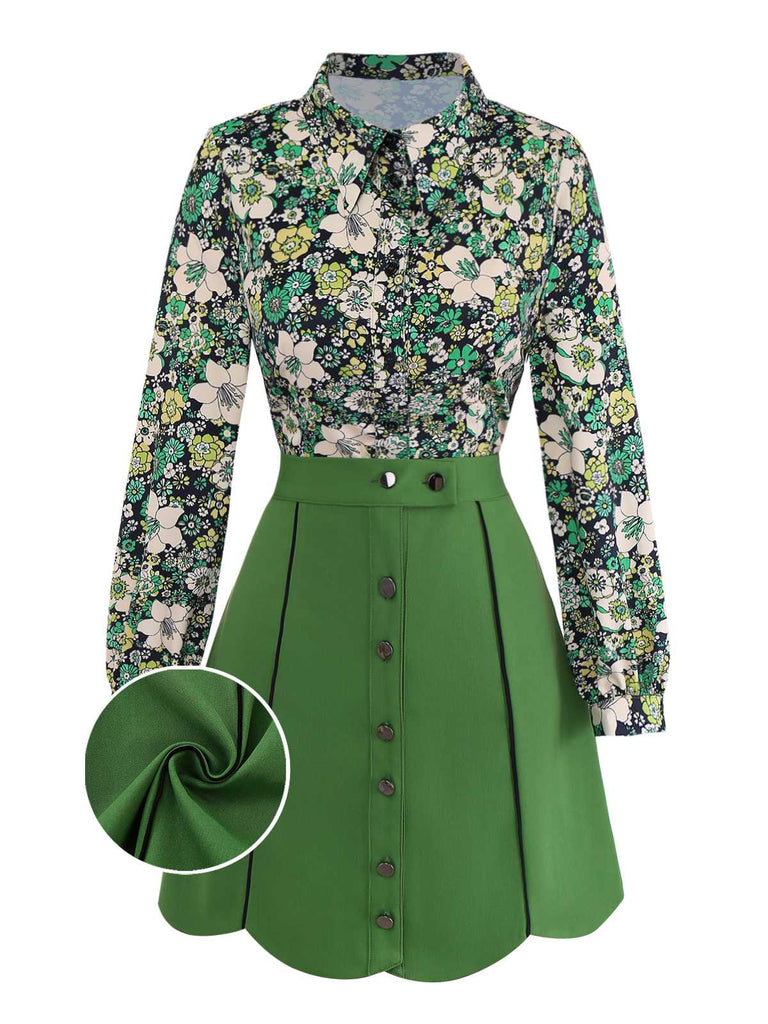 [Pre-Sale] 2PCS Green 1960s Psychedelic Floral Blouse & Scalloped Skirt