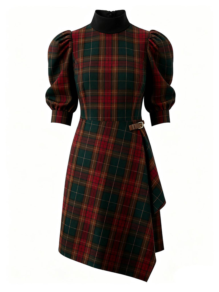 [Pre-Sale] Dark Red 1970s Plaid Puff-Sleeve High Neck Belted Dress