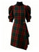 [Pre-Sale] Dark Red 1970s Plaid Puff-Sleeve High Neck Belted Dress