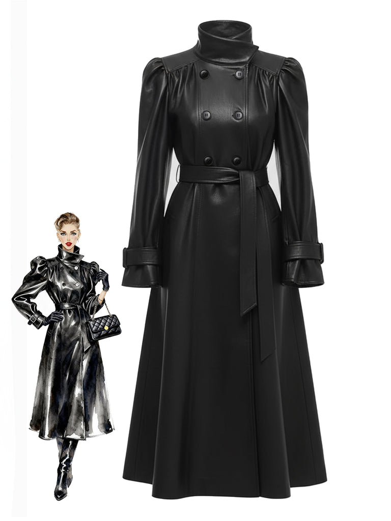 [Pre-Sale] Black 1970s PU Leather Trench Coat