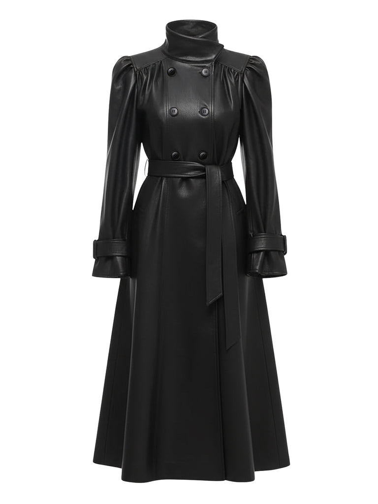 [Pre-Sale] Black 1970s PU Leather Trench Coat