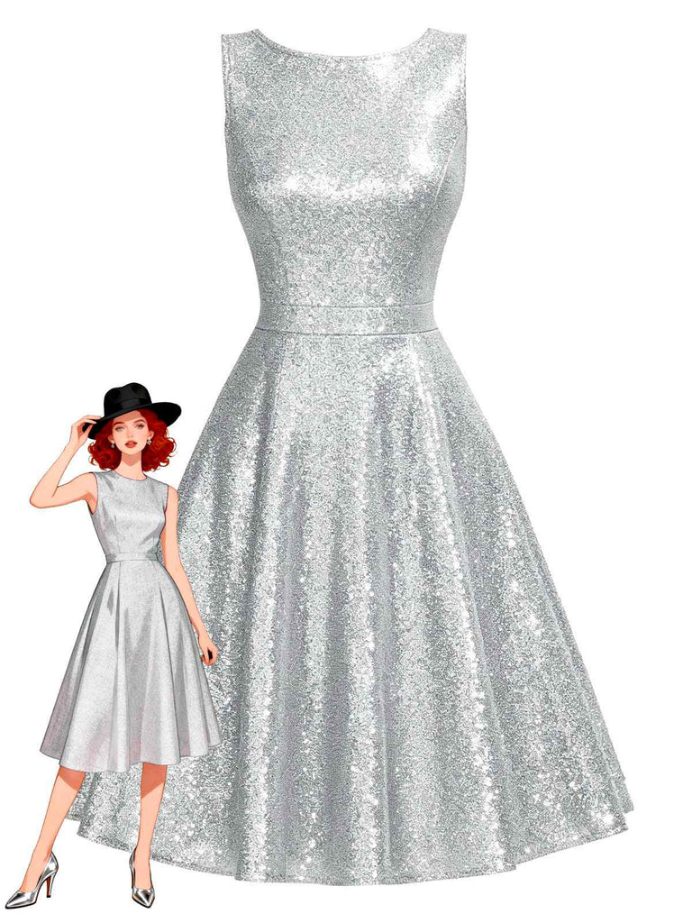 [Pre-Sale] Silver 1950s Solid Glitter Sleeveless Round Neck Dress