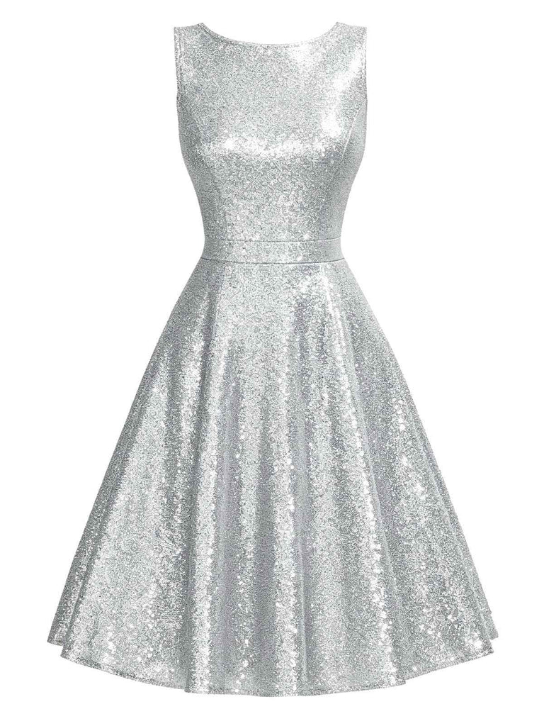 [Pre-Sale] Silver 1950s Solid Glitter Sleeveless Round Neck Dress