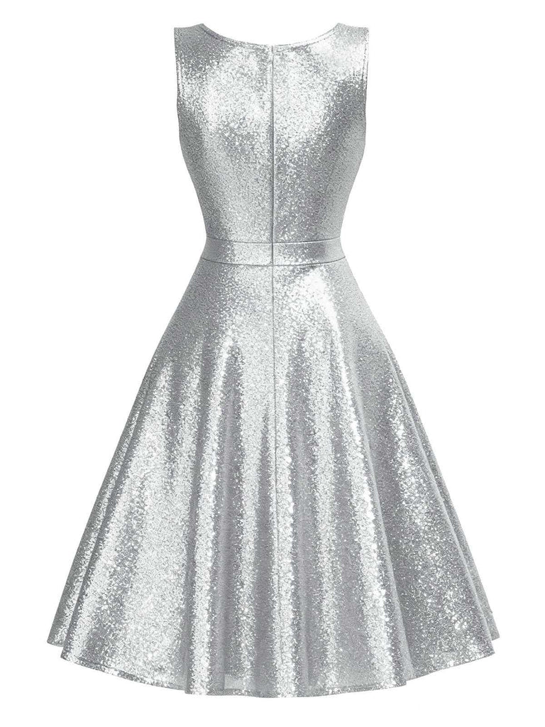 [Pre-Sale] Silver 1950s Solid Glitter Sleeveless Round Neck Dress