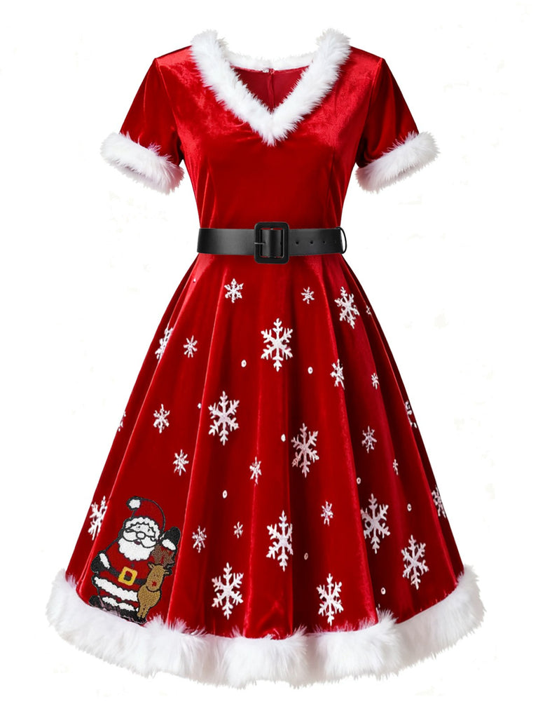[Pre-Sale] Red 1950s Santa Embroidered Velvet Snowflake Dress