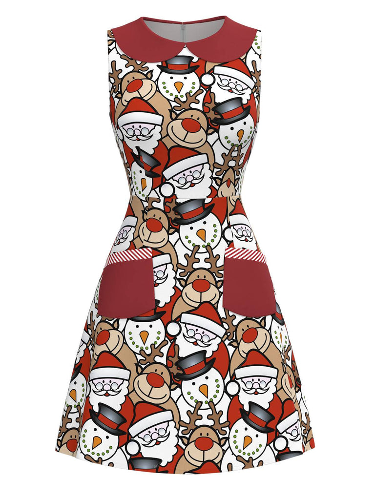 [Pre-Sale] Red 1960s Christmas Santa & Snowman Print Sleeveless Dress