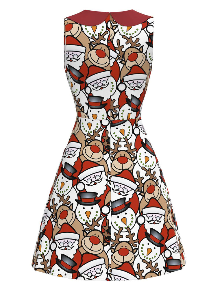 [Pre-Sale] Red 1960s Christmas Santa & Snowman Print Sleeveless Dress
