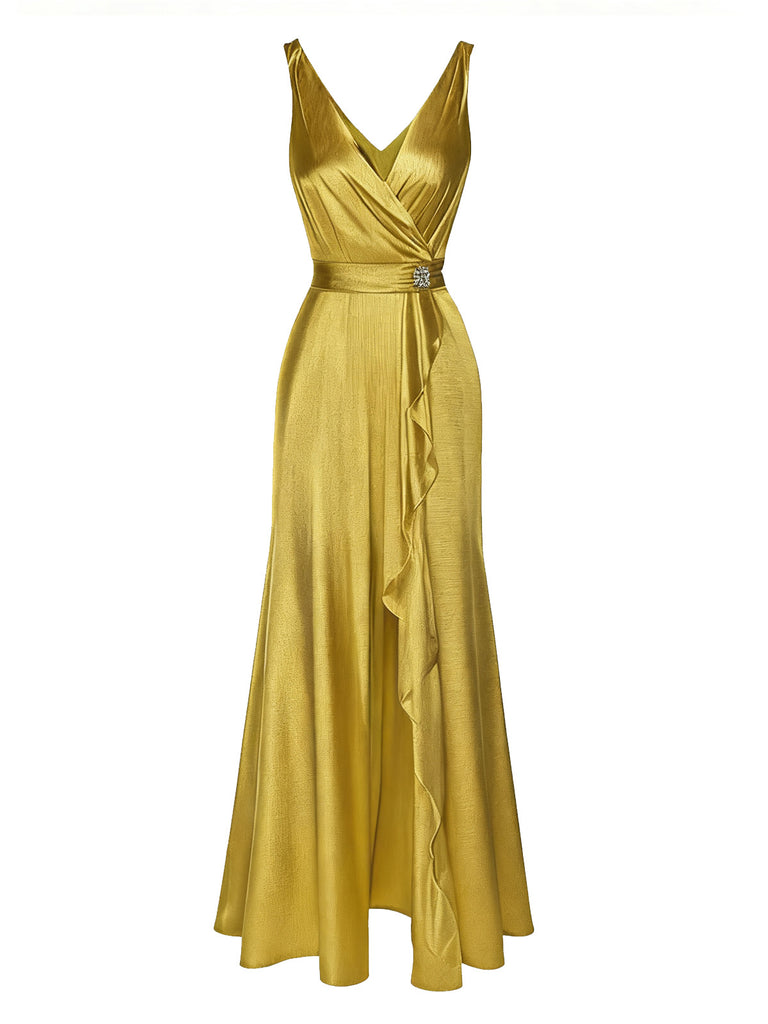 [Pre-Sale] Gold 1970s Satin Pearl Waist Ruffled Slit Dress