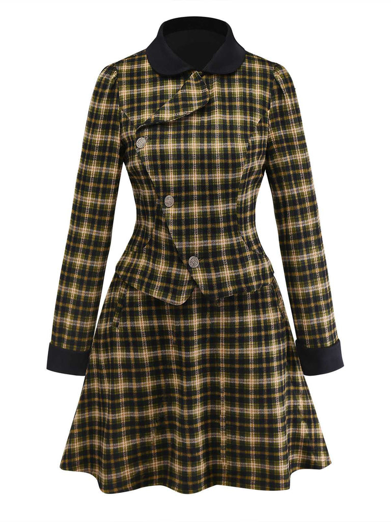 [Pre-Sale] 2PCS Green 1960s Plaid Diagonal Button Jacket & Skirt