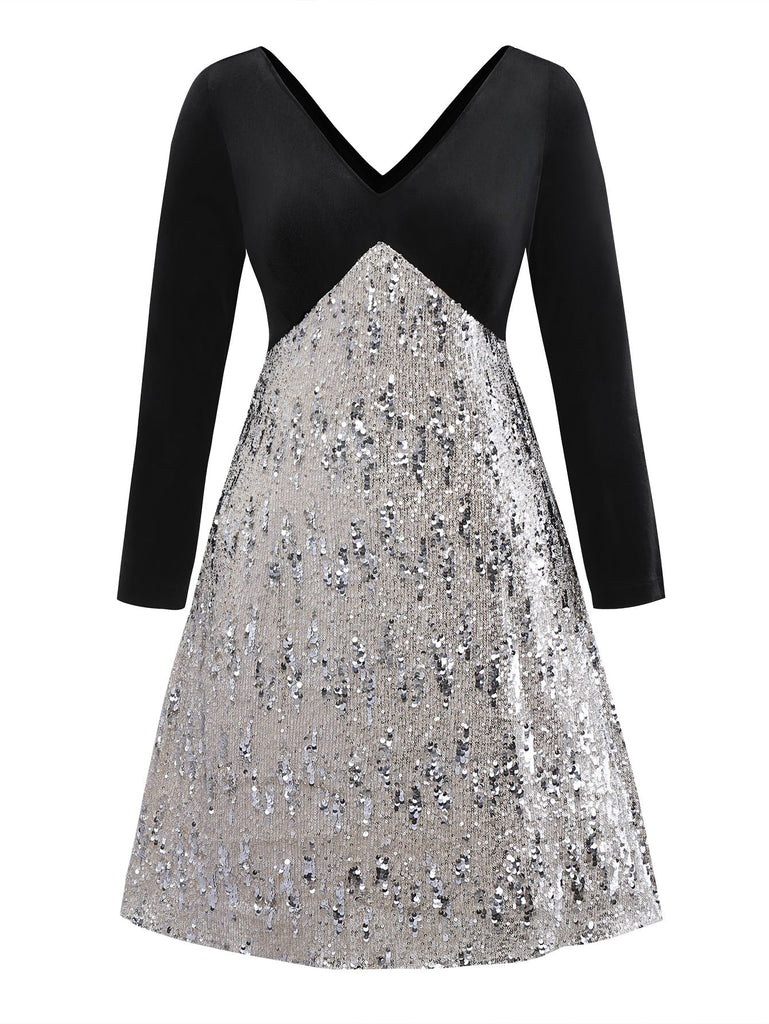 [Pre-Sale] [Plus Size] Black 1950s Velvet Sequin V-Neck Long Sleeves Dress