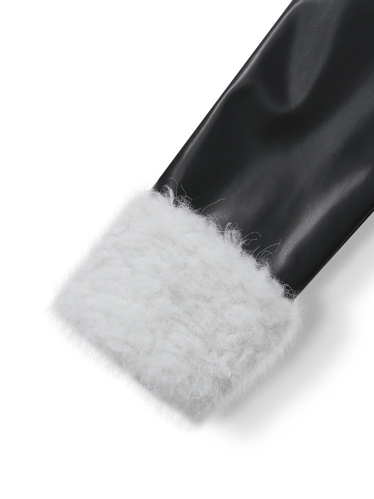 [Pre-Sale] Black 1940s Faux Leather Fur Trim Coat