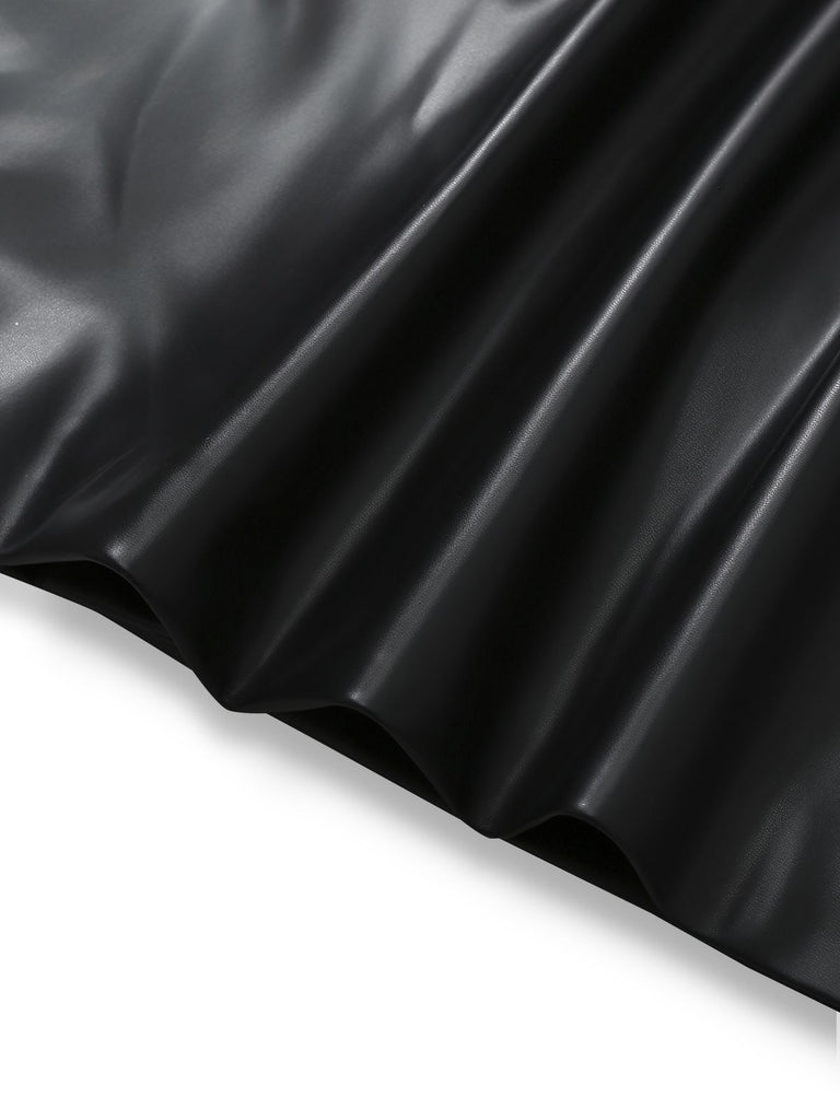 [Pre-Sale] Black 1940s Faux Leather Fur Trim Coat