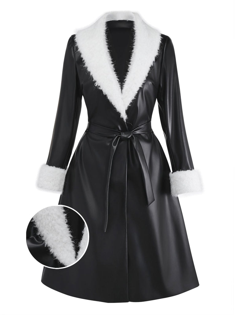 [Pre-Sale] Black 1940s Faux Leather Fur Trim Coat