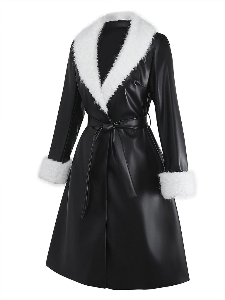[Pre-Sale] Black 1940s Faux Leather Fur Trim Coat